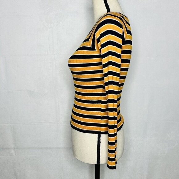 Forever 21 Long-Sleeve Ribbed Shirt Womens Size S Gold Navy Striped Rayon Blend - Picture 5 of 8